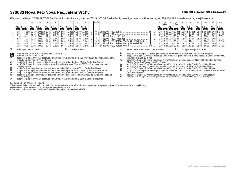 Jízdní řád linky Nová Pec - Jelení Vrchy