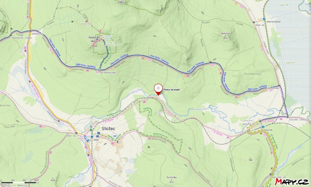 Poškozená lávka přes studenou Vltavu u Stožce - mapka místa