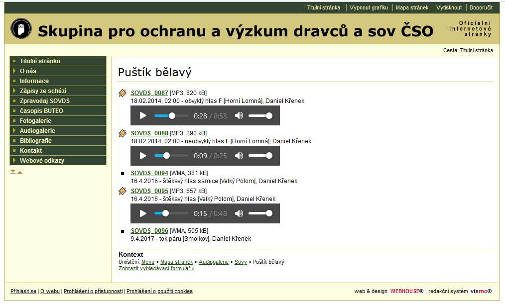 Webové stránky Skupiny pro ochranu a výzkum dravců a sov ČSO a zvuky puštíka bělavého k poslechu - sovds.info