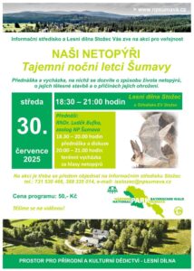 Pozvánka na program pro veřejnost s názvem Naši netopýři v Lesní dílně Stožec 30.7. od 18:30