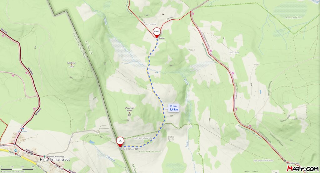 Mapka uzavření trasy Josefov – hraniční přechod Žďárek