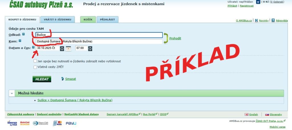 Ukázka, jak vypadá nákup jízdenky pro program Dostupná Šumava na e-shopu ČSAD autobusy Plzeň a.s.