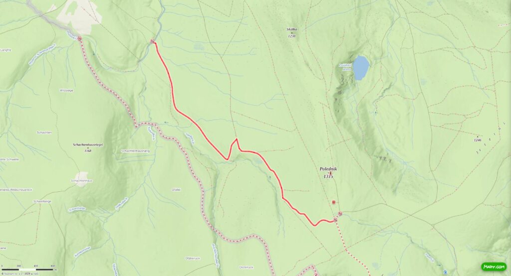 Uzavírka pěší trasy (zelená TZT) v části rozcestí Pod Poledníkem – Frantův most v období 16.11. až 14.7. - mapka