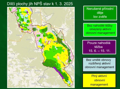 Mapka území pod správou NPŠ s vymezením dílčích ploch k 1.3.2025 - jih