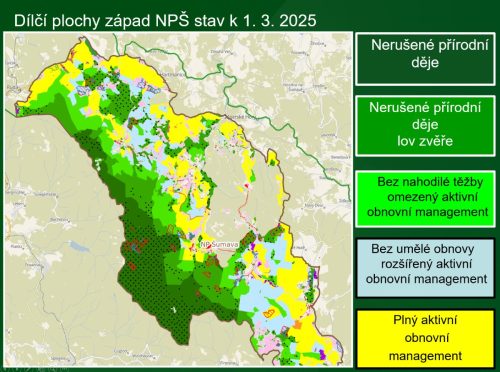 Mapka území pod správou NPŠ s vymezením dílčích ploch k 1.3.2025 - západ