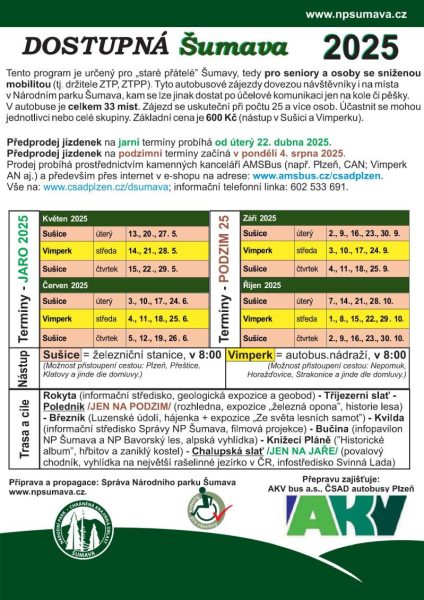 Leták programu Dostupná Šumava s rozpisem tras, termínů a časů linek pro seniory a osoby s sníženou mobilitou.