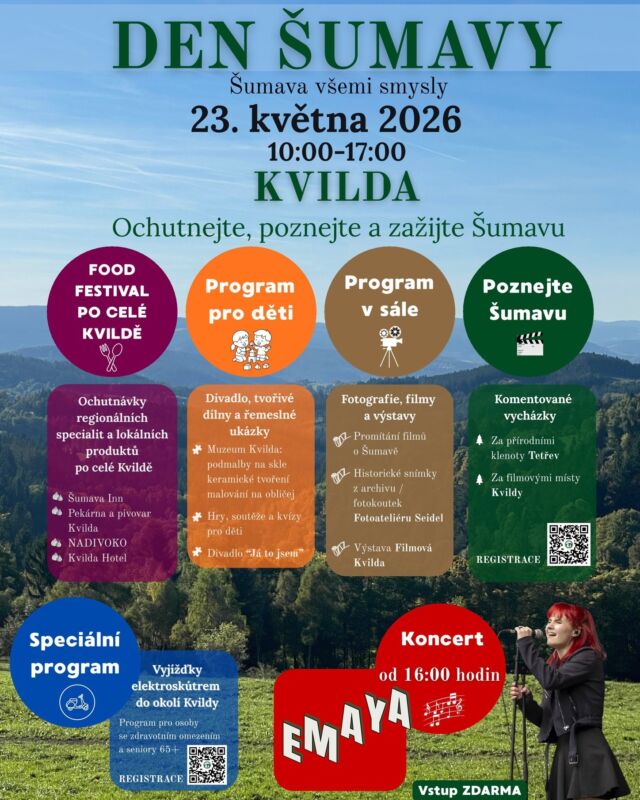 Den Šumavy 23.5. Kvilda!
Za 9 dní Šumava všemi smysly: food, hry, výlety, film, koncerty! 🎉 Kdo přijde?
Označte přátele! 👇
#DenSumavy #SumavaVsemiSmysly #35letNPSumava
Partneři akce:
@obec_kvilda 
@turisturaj
@sumavsko
@destinacesumavazije
@lipensko.cz
@jiznicechy
@sumavainn
@kvilda_nadivoko
@pekarnapivovarkvilda
@kvildahotel_pohoda

Den Šumavy je mezi akcemi na #EvropskyDenChranenychUzemi a je součástí projektu #ZodpovedneDoPrirody, který děláme spolu s ostatními třemi českými národními parky s podporou Programu švýcarsko-české 🇨🇭🇨🇿 spolupráce (projekt č. CH-V1-17).