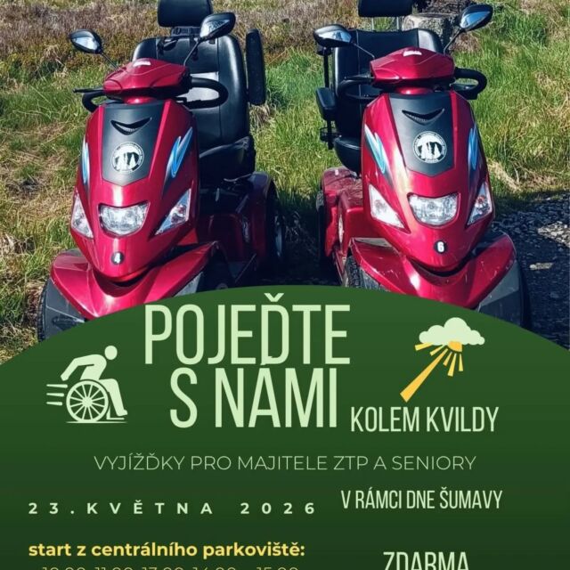 ♿ DEN ŠUMAVY 23. 5. KVILDA – program pro všechny!
Speciálně pro seniory a návštěvníky s pohybovým omezením (ZTP) jsme na sobotu připravili výjezdy s doprovodem na elektroskútrech.
Kdo si chce své místo pojistit, může poslat SMS na číslo 731 530 442 a objednat se. V plánu jsou vyjížďky s výkladem do okolí Kvildy (z centrálního parkoviště).
Start v 10:00, 11:00, 13:00, 14:00 a 15:00 hodin.
🙏 Vstupné na všechny části programu je ZDARMA, bude hrazeno z projektu "Zodpovědně do přírody: Partnerství pro národní parky". 
Přijďte prožít Šumavu bez omezení!

👉 Den Šumavy je součástí Evropského dne chráněných území a je financován z Programu švýcarsko-české spolupráce v rámci projektu č. CH-V1-17.
.
#DenSumavy #SumavaVsemiSmysly #35letNPSumava #BezBarier